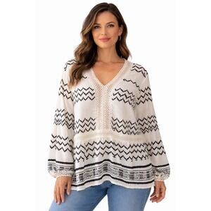 Hummingbird L Boho Tunic Top Black Beige Chevron Lace Trim Made USA Resort